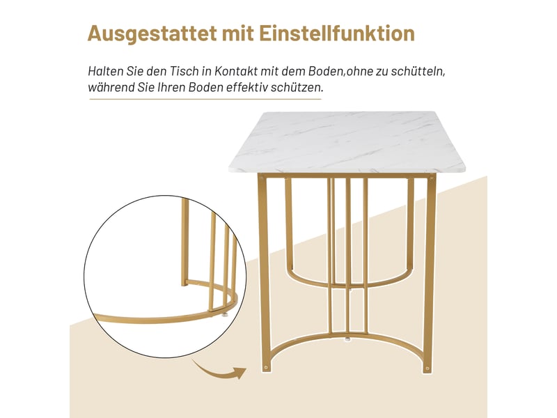  Table de salle à manger rectangulaire à pieds réglables, décor marbre, métal et mdf blanc, 140 × 80 × 75 cm  - Conforama E