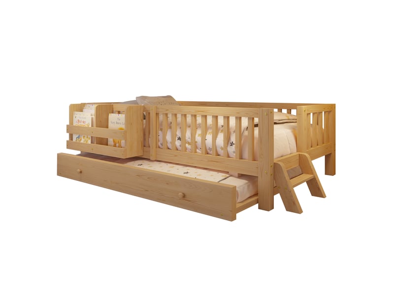  Lit enfant 90×200 cm, 1 place avec barrière et couchage gigogne - sans matelas - en bois massif - bois naturel  - Conforama A