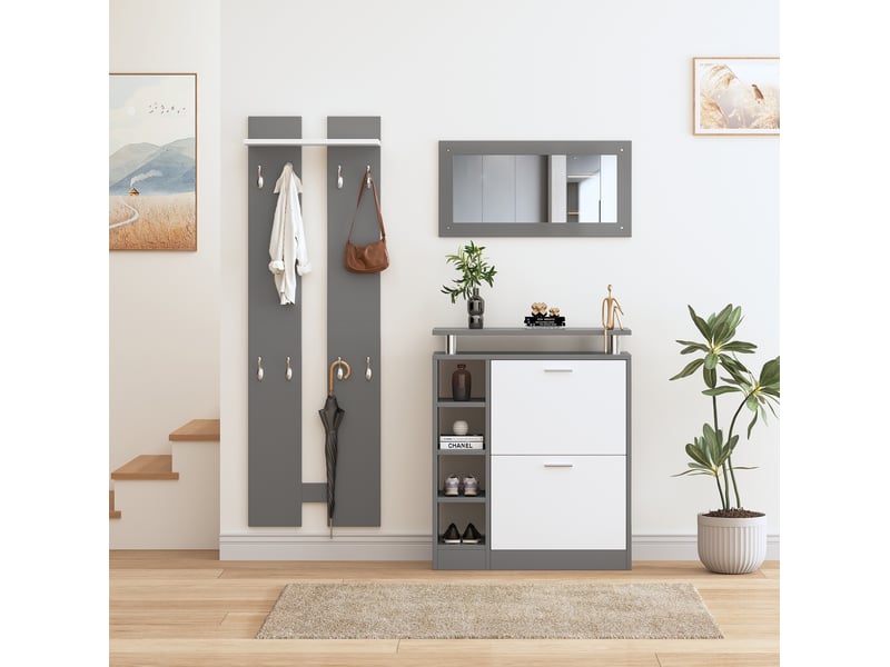  Meubles d'entrée avec meuble à chaussures, miroir, 8 crochets et étagères réglables, gris, 80 × 25 × 96,5 cm  - Conforama B
