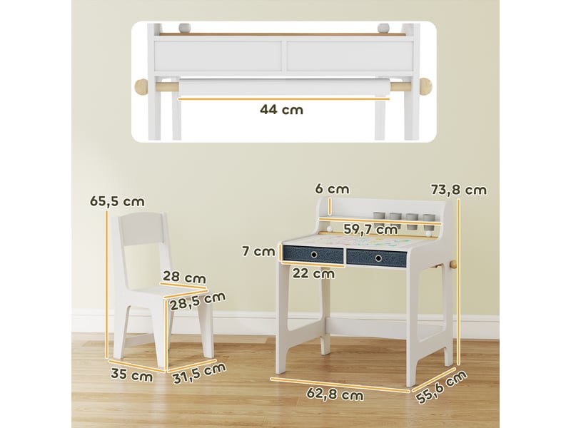 Bureau enfant avec chaise, table enfant et chaise avec 2 tiroirs en tissu et porte-gobelet, 62,8x55,6x73,8cm, blanc - Conforama D