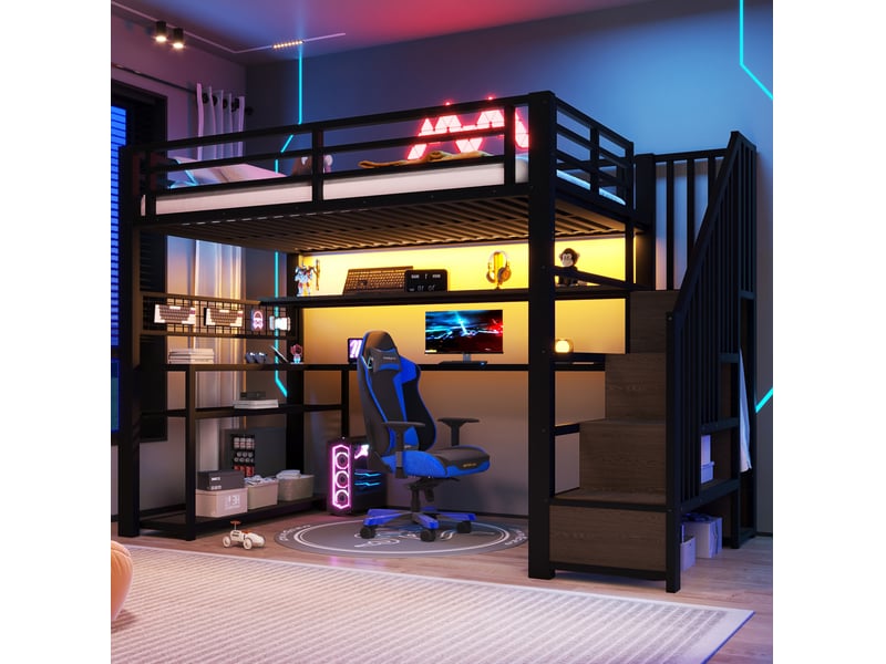  Lit mezzanine 90x200 cm avec bureau, armoire, rangements et led, noir  - Conforama B