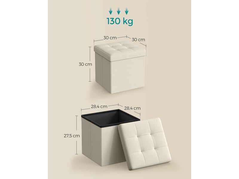  Pouf de rangement pliable en tissu effet lin blanc crème  - Conforama D