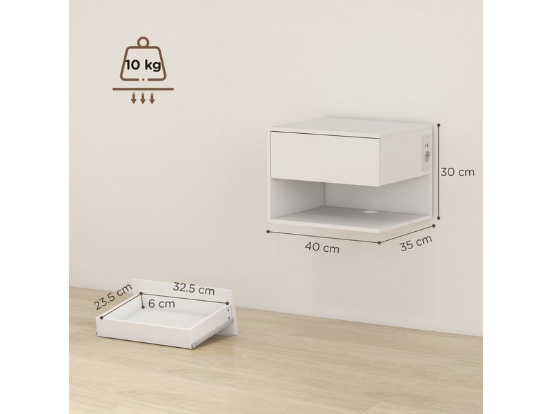  Lot de 2 tables de chevet suspendues pour chambre à coucher, 46 x 30 x 30 cm, blanches  - Conforama E