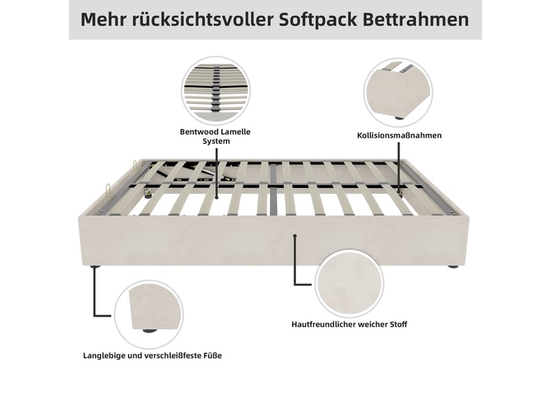 Lit coffre double 140x200 cm - lit ado avec vérin hydraulique en velours moderne sans tête de lit - sans matelas - beige  - Conforama E