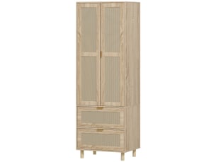 Armoire chambre penderie avec 2 portes en rotin, 2 tiroirs et barre de suspension, 63 x 47 x 185 cm, bois naturel