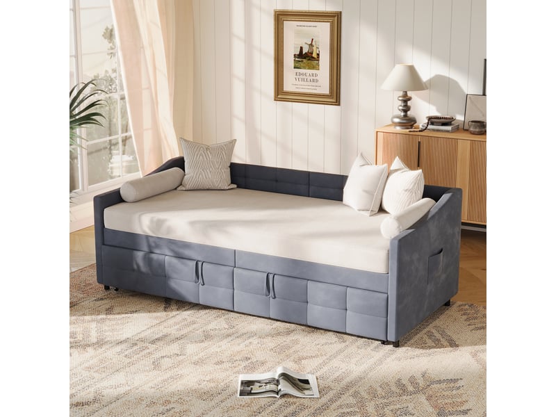  Lit banquette gigogne extensible 90 x 200 cm gris - canapé-lit en velours avec sommier à lattes et couchage double pour chambre d'amis  - Conforama D