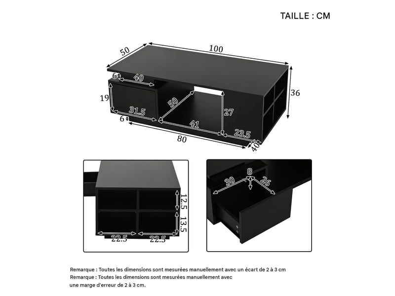  Table basse avec led et tiroir en panneau de particules noir brillant 100x50x36 cm - pangivo  - Conforama C