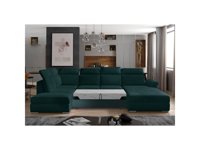 Canapé panoramique convertible majesta 5 places vert foncé – angle droit avec coffre - Conforama D