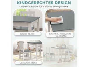 Ensemble table et 2 chaises enfant 56 x 52 x 48 cm gris et blanc en mdf et bois de pin, 3 à 8 ans