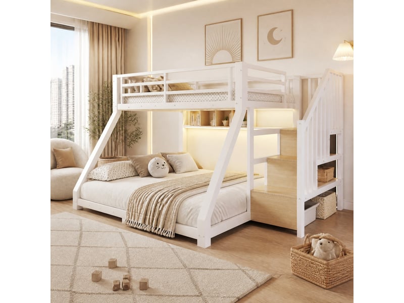  Lit superposé 90 × 200 cm et 140 × 200 cm avec led, 3 rangements, escalier de rangement, sans matelas, blanc  - Conforama C