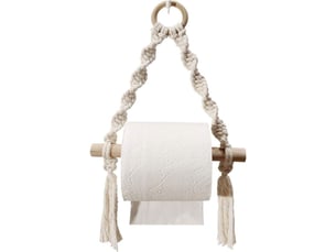 Porte-papier toilette en macramé tissé – pour salle de bain, suspension sans crochet. Design bohème et pratique.