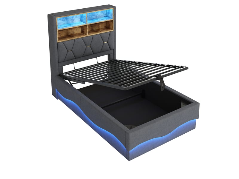  Lit enfant 90x200, lin gris, rangement hydraulique, led via appli, usb  - Conforama E