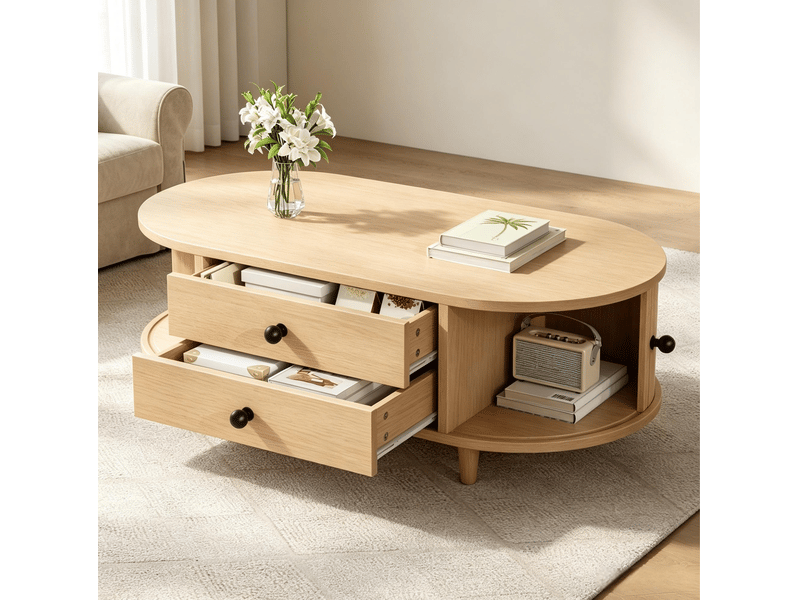  Table basse avec 2 tiroirs et portes coulissantes, rangement discret pour salon, 100 × 50 × 36 cm, en mdf, bois clair  - Conforama B