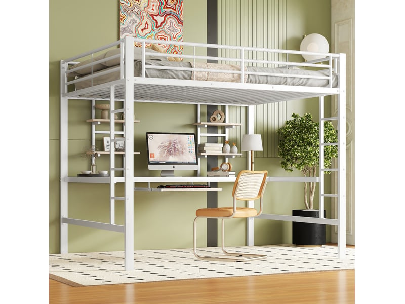  Lit mezzanine 140x200 cm en métal blanc avec bureau et deux bibliothèques  - Conforama E