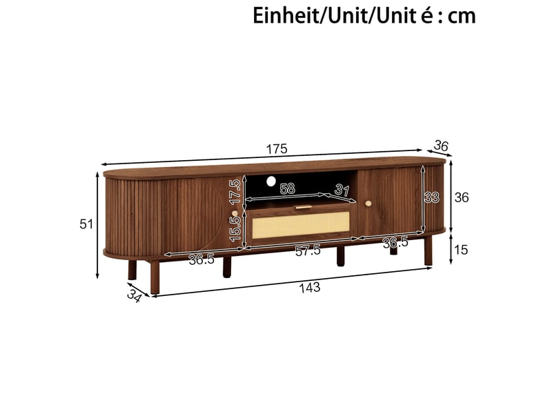  Meuble tv 175 cm en mdf noyer avec portes arrondies, tiroir et niche ouverte  - Conforama C