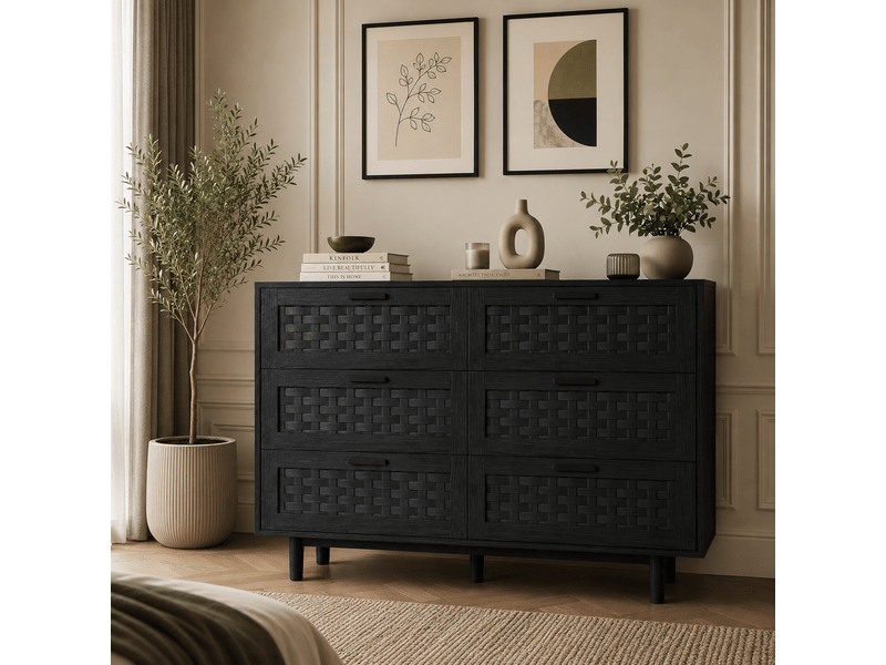 Commode chambre, commode 6 tiroirs rotin, commode bois massif, applicable organisez facilement soin cosmétiques bijoux et autres articles, noir - Conforama B