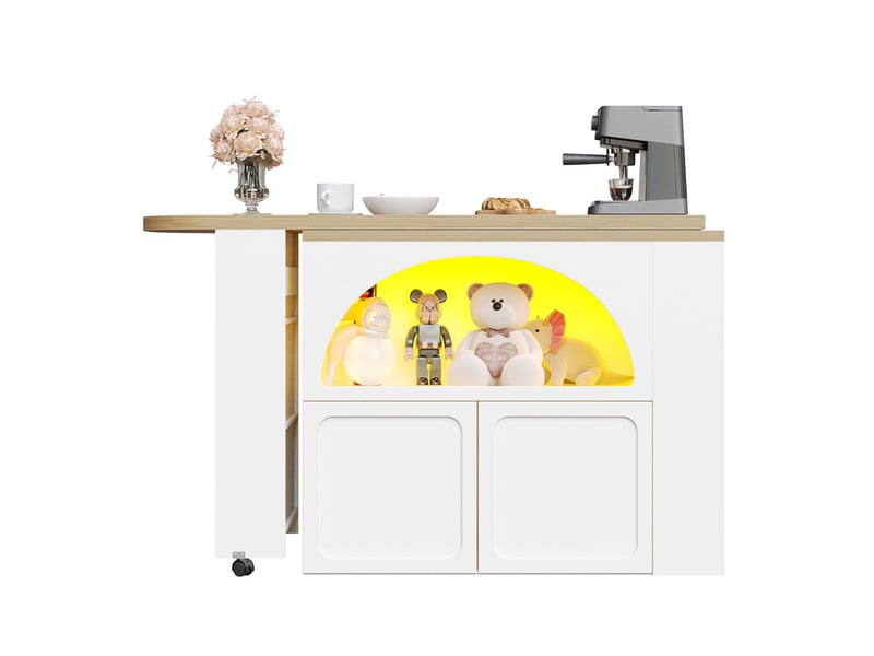 Buffet de cuisine, mobile table de bar extensible 135-205×39×100cm avec led, porte bombée,blanc  - Conforama R