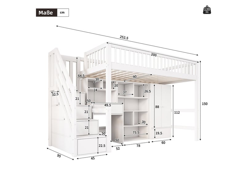  Lit mezzanine, 90x200 cm, avec bureau, échelle, rangements, armoire, bois, blanc  - Conforama C