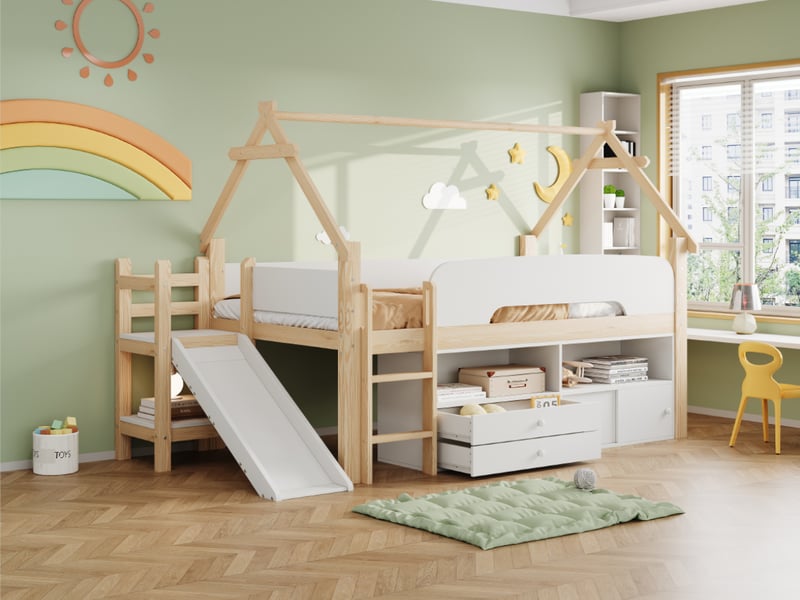  Lit mezzanine enfant 90x200 cm, cadre en forme de toit, toboggan, tiroirs, barrière, bois  - Conforama B