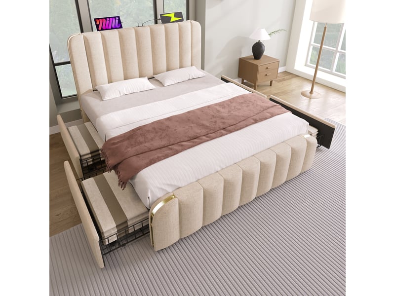  Lit double 160x200 cm en lin beige, tête de lit capitonnée, finition dorée, 4 tiroirs, ports usb-c, sans matelas  - Conforama C