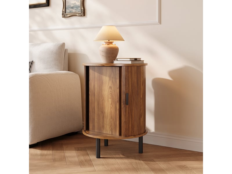  Table d'appoint rondebuffet, forme ronde, 1 porte coulissante, décor rainuré vertical, poignées noires, pieds en métal noir, 1 étagère intermédiaire, 2 niveaux de rangement  - Conforama D
