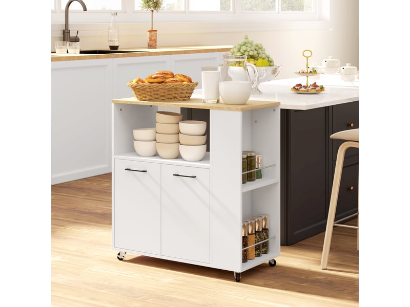  Desserte de cuisine à roulettes, 75x40x80,5cm, îlot central cuisine avec plan de travail et étagère réglable, blanc  - Conforama D