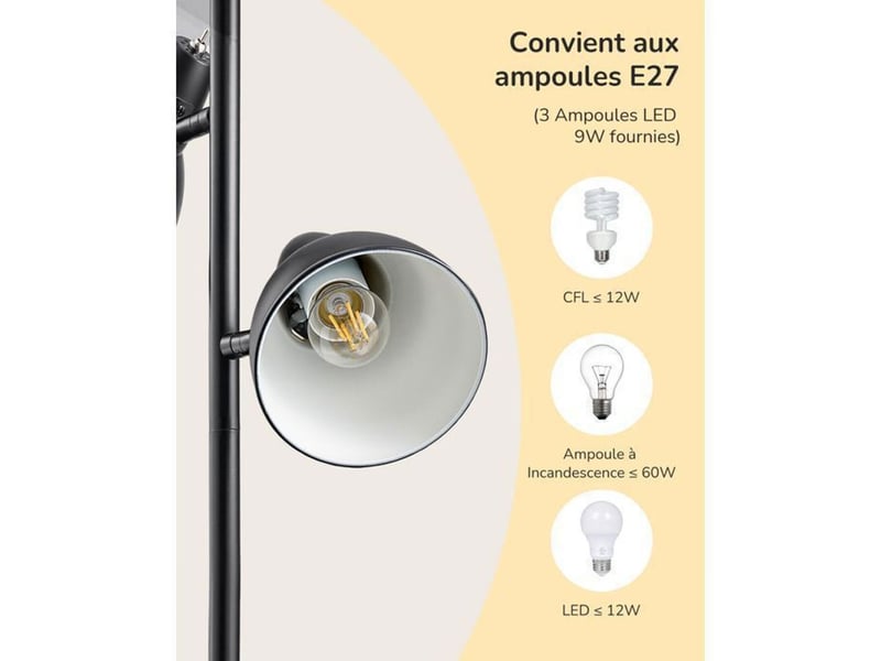  Lampe sur pied industrielle 3 lampes noire metal 163 cm e27 avec ampoules led 370618_AAAYD54162_6_DROPFR - Conforama D