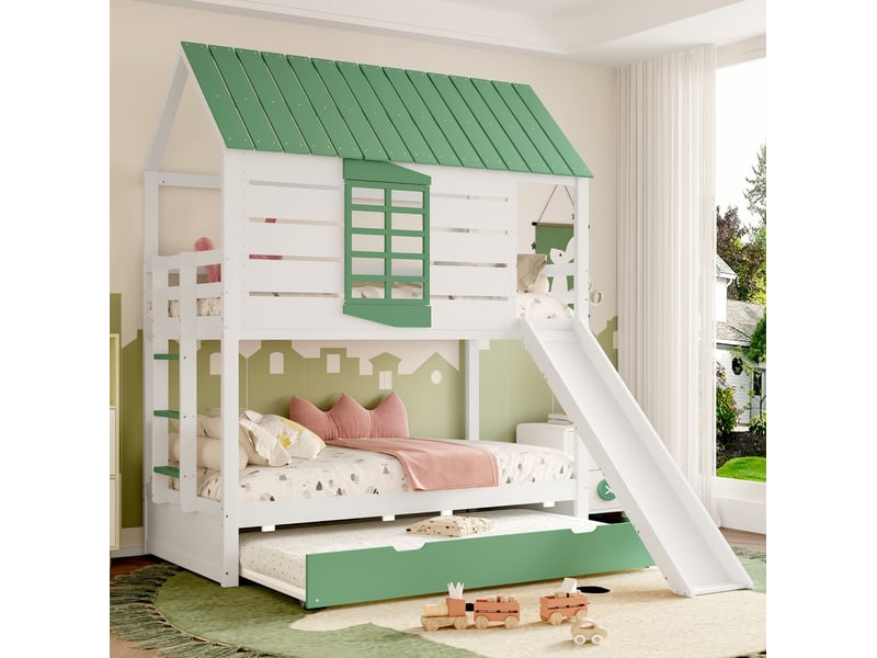  Lit superposé enfant 90x200 cm en forme de maison avec toboggan et lit gigogne blanc et vert  - Conforama B