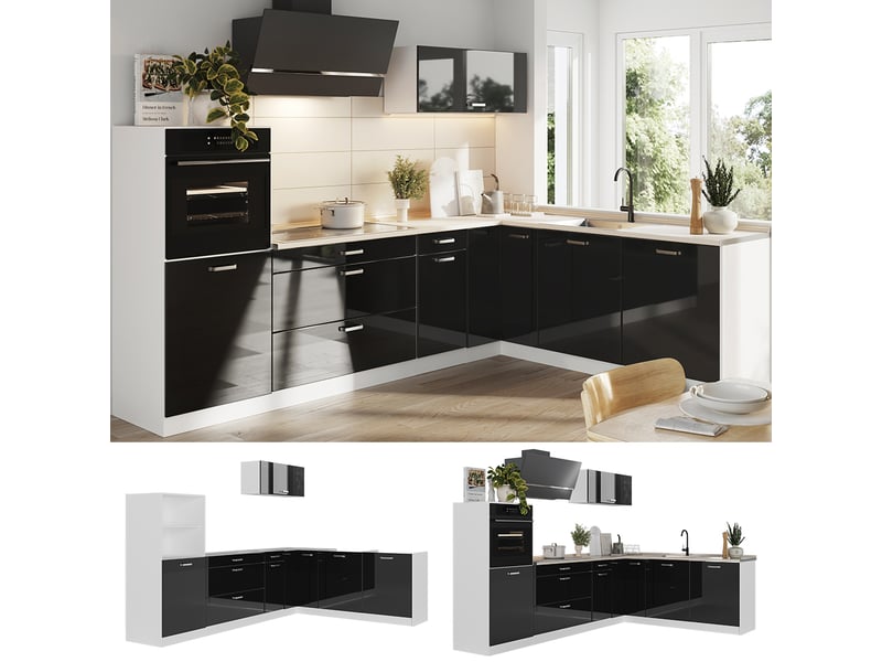  Vicco cuisine en angle, noir haute brillanceblanc, 287 x cm sans plan de travail  - Conforama D