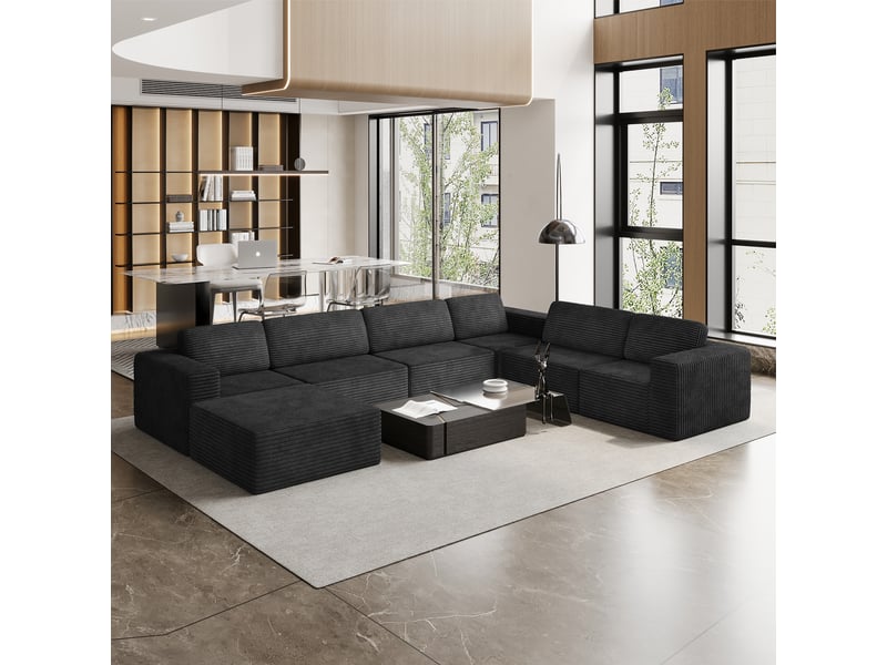  Canapé modulaire panoramique 7 places ouvert à gauche,velours côtelé,1 pouf,canapé compressé pour grand salon,404x303x82cm,noir 404x303x82CM - Conforama R