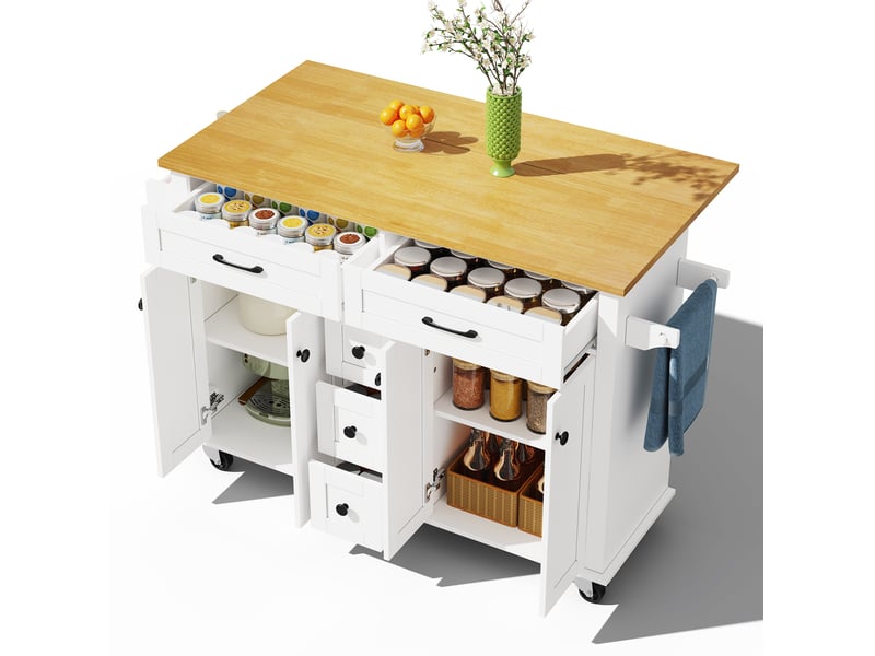  Îlot de cuisine multifonctionnel avec plateau de travail extensible 120×65 cm, 5 tiroirs, placards, support épices et torchons, sur roulettes  - Conforama A