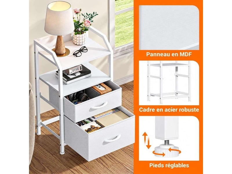  Table de chevet 40x30x70 cm deux tiroirs tissu etagere ouverte blanc pur moderne  - Conforama D