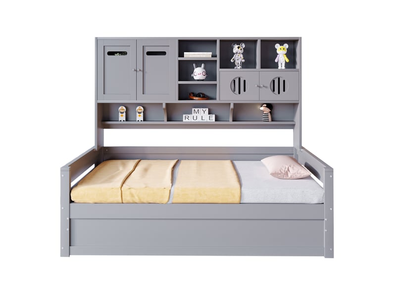 Lit simple enfant 90x200 cm – gris – coffre hydraulique et rangements intégrés en tête, sans matelas - Conforama A
