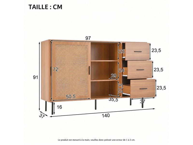Buffet avec 2 portes coulissantes en rotin, 3 tiroirs et étagères réglables, naturel, 140 x 37 x 91 cm - Conforama C