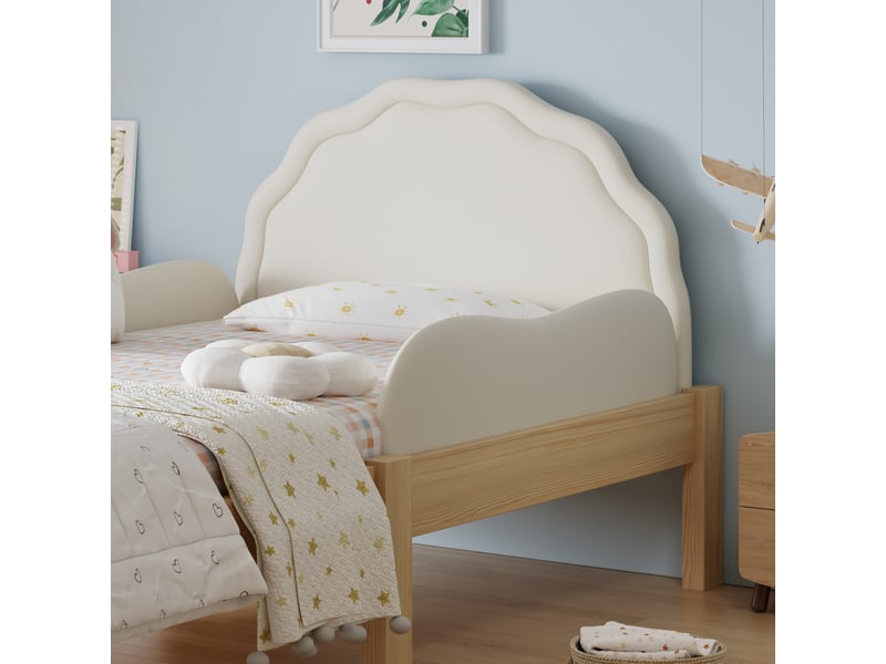  Lit simple beige et naturel 90x200 cm en bois, avec tête rembourrée en pu, barrières latérales et sommier  - Conforama D
