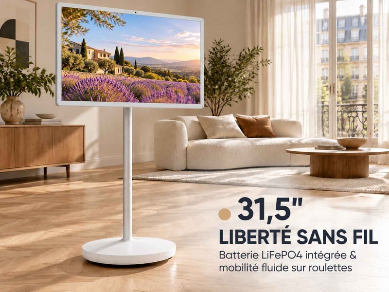  Écran tactile connecté 31,5 pouces sur support tv sur pied avec roulettes, android 15 fhd pivotant avec batterie, blanc  - Conforama B