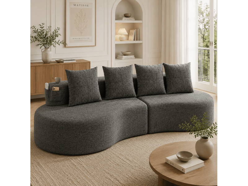  Canapé 3 places en tissu de lin gris foncé avec 4 coussins, porte-gobelets et poches latérales  - Conforama C