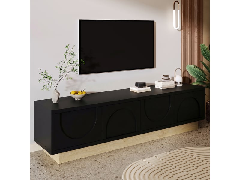  Meuble tv noir 175 cm, veinage bois, design incurvé minimaliste, portes push-to-open, noir et bois  - Conforama E