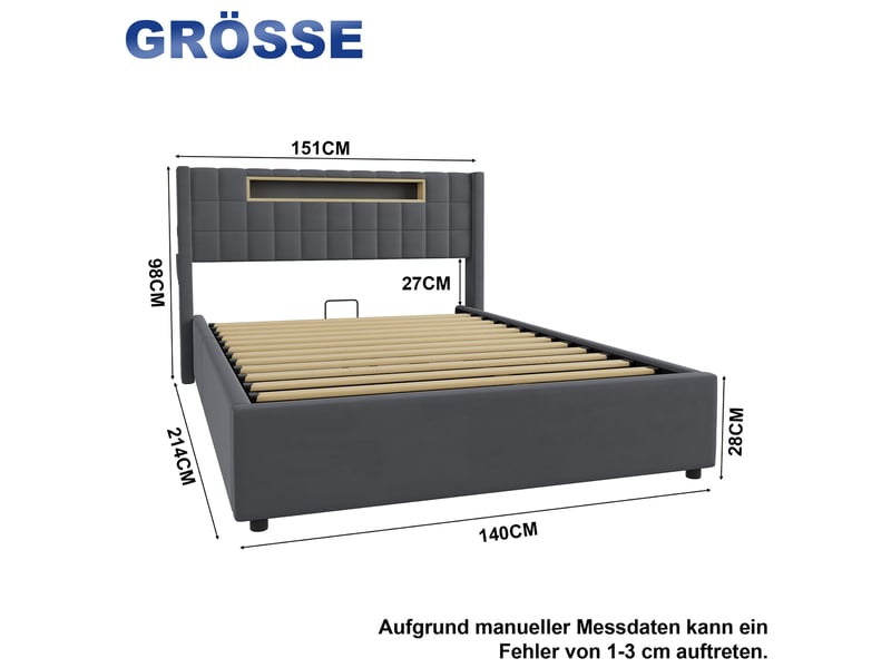  Lit coffre 140x200 cm, lit adute rembourré avec led et rangement, gris, sans matelas  - Conforama C