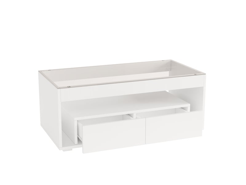 Table basse moderne 100 x 50 x 40 cm avec éclairage led, table d'appoint rectangulaire avec 2 grands tiroirs, table de salon spacieuse en verre, design à double plateau, finition laquée brillante, grande table de salon, blanche - Conforama E