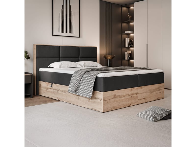 Lit coffre lavio - 200x200 cm - avec sommier et surmatelas - velours doux - noir LAVIO - Conforama B