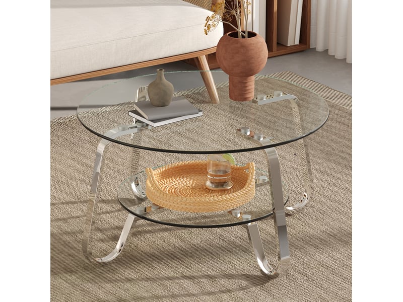  Table basse ronde à 2 niveaux 90.5x89.0x10.5 cm en métal et verre argenté  - Conforama B
