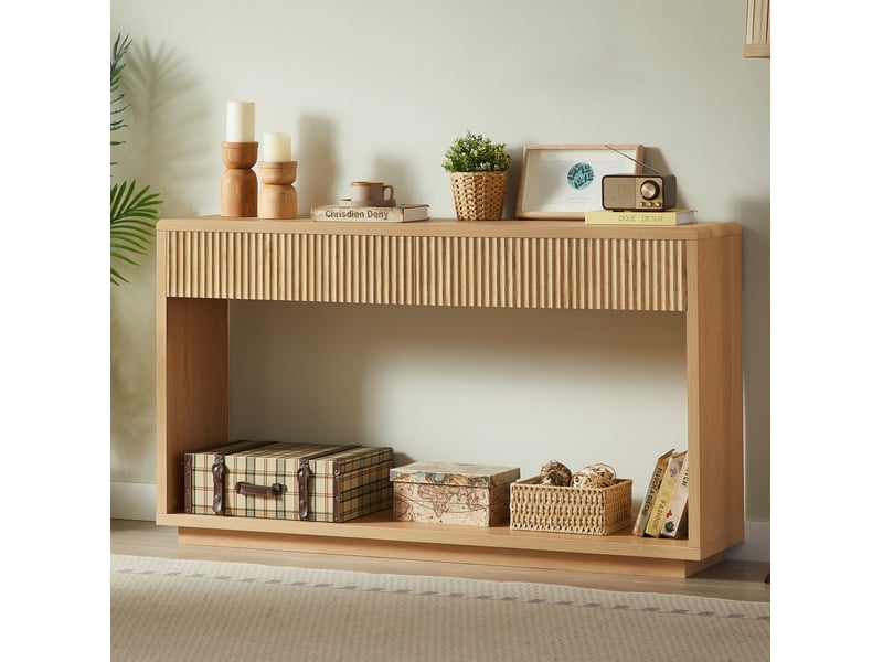  Console d'entrée moderne 150x35x85 cm à 2 tiroirs, coloris chêne clair  - Conforama B