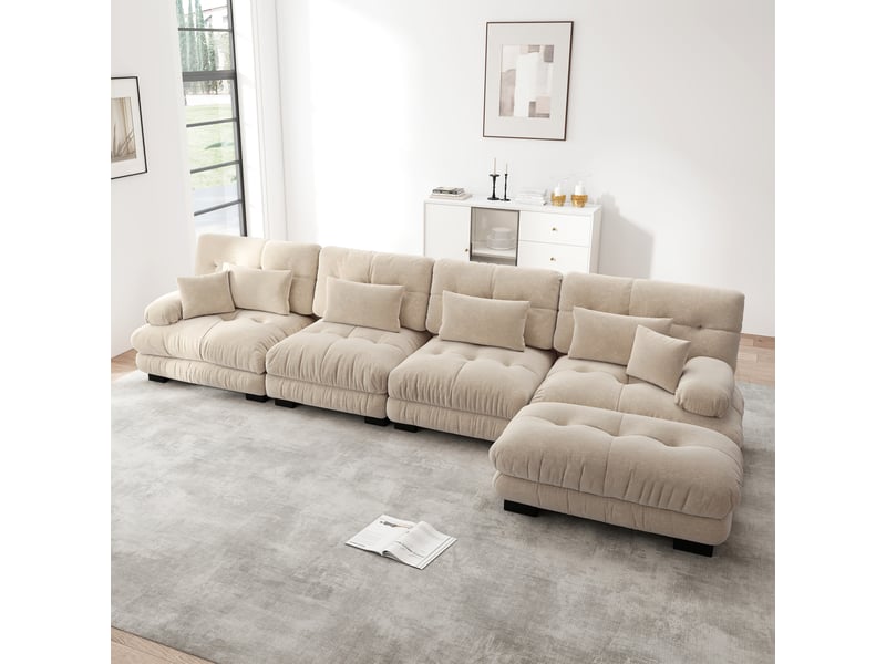  Canapé d'angle, canapé modulable – 4 places, marron clair, style cloud, pouf amovible, en chenille  - Conforama A