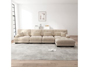 Canapé d'angle, canapé modulable – 4 places, marron clair, style cloud, pouf amovible, en chenille