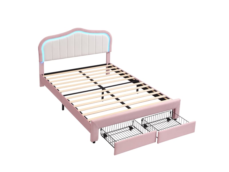  Lit enfant 140x200 cm avec 2 tiroirs et led contrôlée par application, en velours rose, sans matelas  - Conforama D