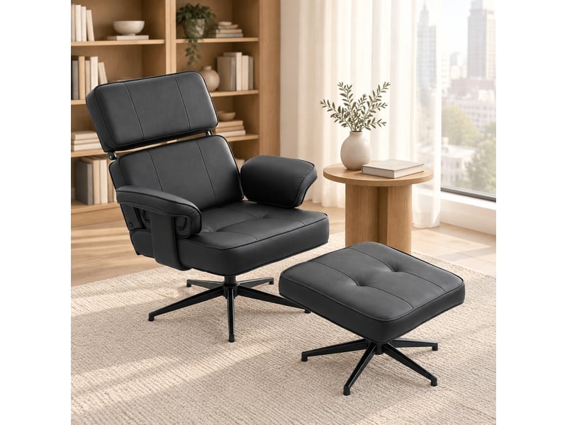  Fauteuil relax réglable avec repose-pieds en similicuir noir  - Conforama D