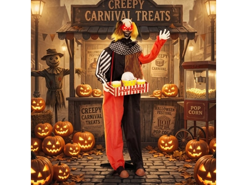  Clown popcorn halloween animé: tête qui tourne vite, sons effrayants, musique foraine, yeux lumineux – décoration maison  - Conforama B