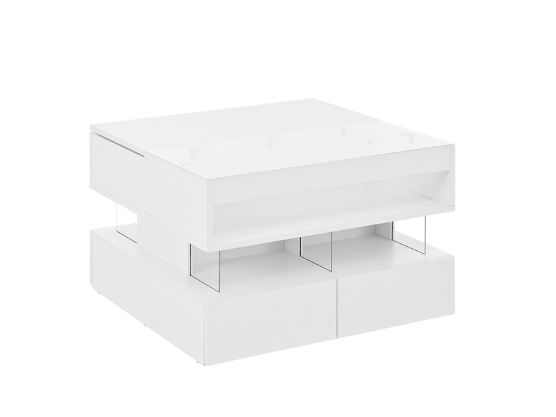  Table basse relevable avec 2 tiroirs et niches, led 16 couleurs, plateau en verre, pour salon, blanc - uvrion  - Conforama A