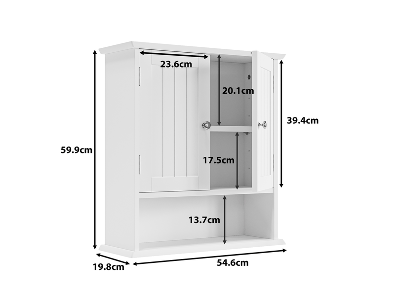  Armoire murale de salle de bains blanche avec 2 portes, étagères réglables et niche ouverte  - Conforama C